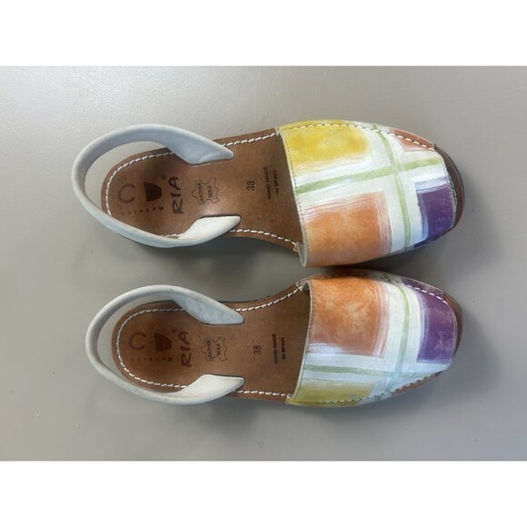 RIA MENORCA Sz 38/7 Cream Orange Green Leather Slip On Peep Toe Shoe Sandals - Picture 7 of 10